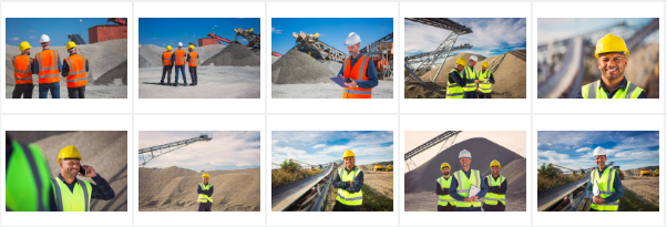 Workers at the gravel open pit mine